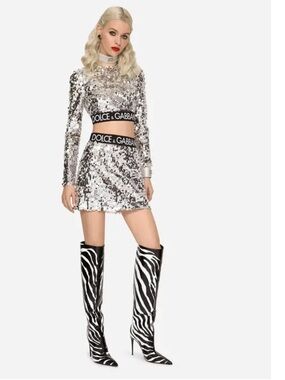 Dolce & Gabbana Silver Sequin Logo-Waist Mini Skirt
